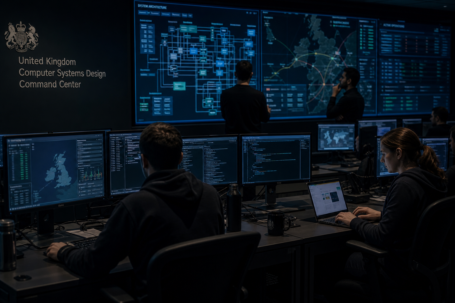 Enterprise systems architecture command console with technical diagrams and monitoring displays