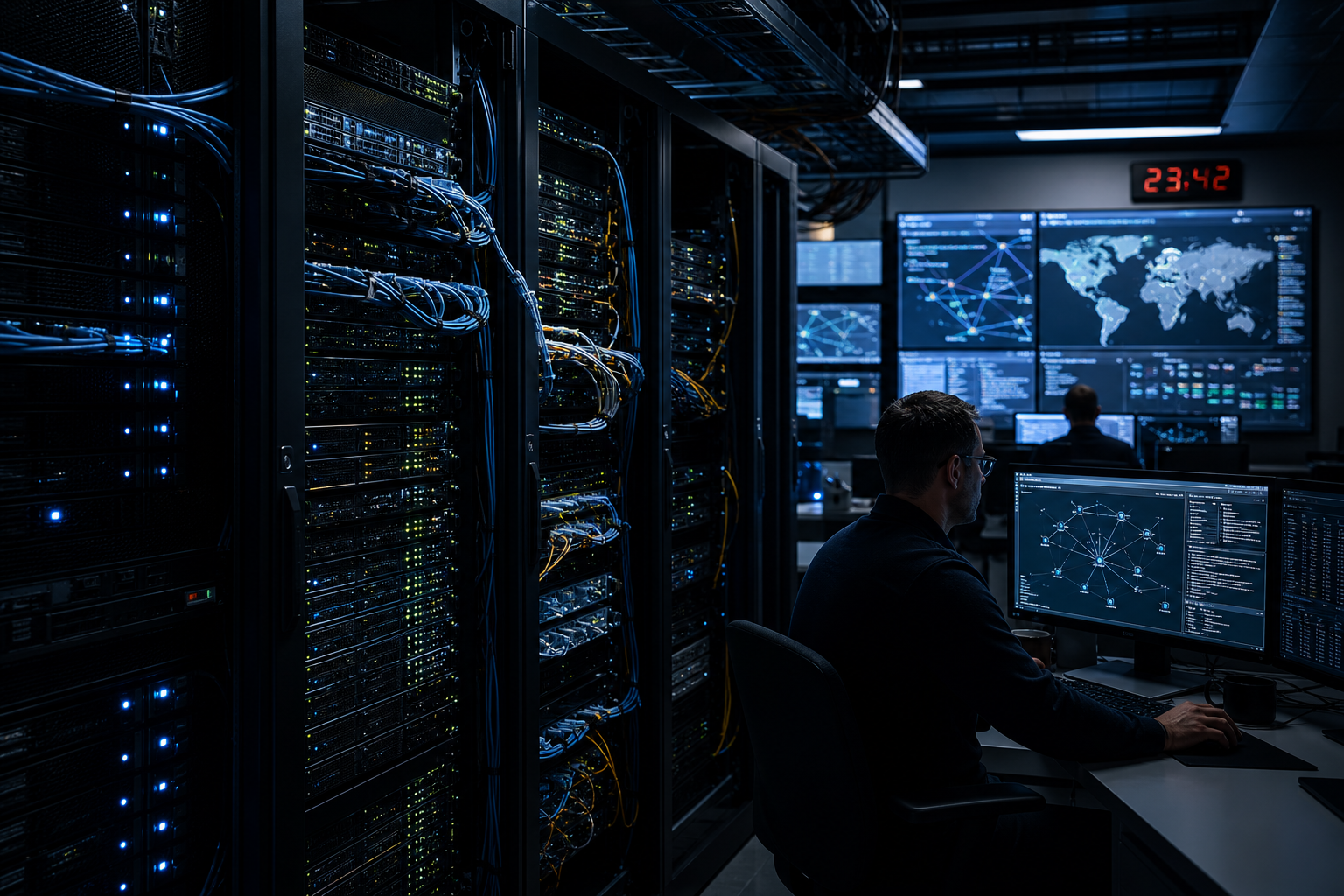 Senior platform architect reviewing infrastructure control systems in the JARRETT PLATFORMS command centre